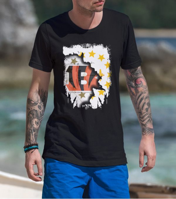 Rhode Island Map With Cincinnati Bengals Logo And Stars T-Shirt