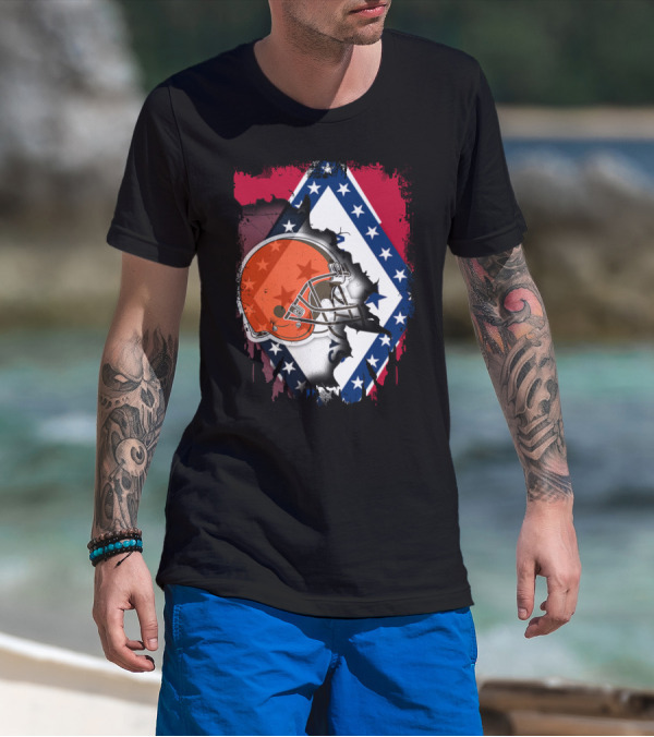 Together Arkansas Flag Tattered With Browns Helmet T-Shirt