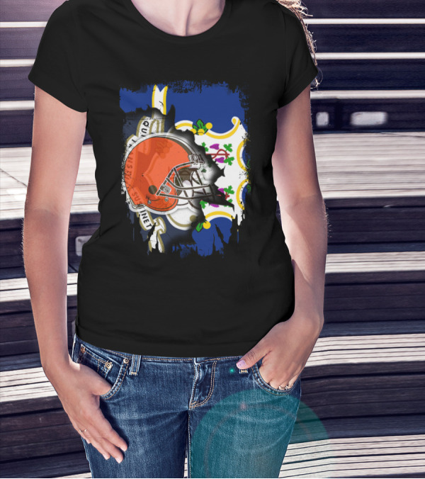 Cleveland Browns Helmet Over Connecticut State Flag T-Shirt