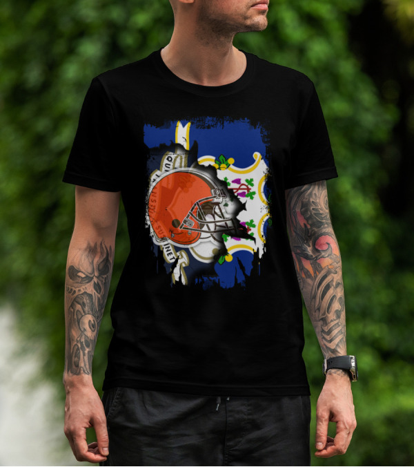 Cleveland Browns Helmet Over Connecticut State Flag T-Shirt