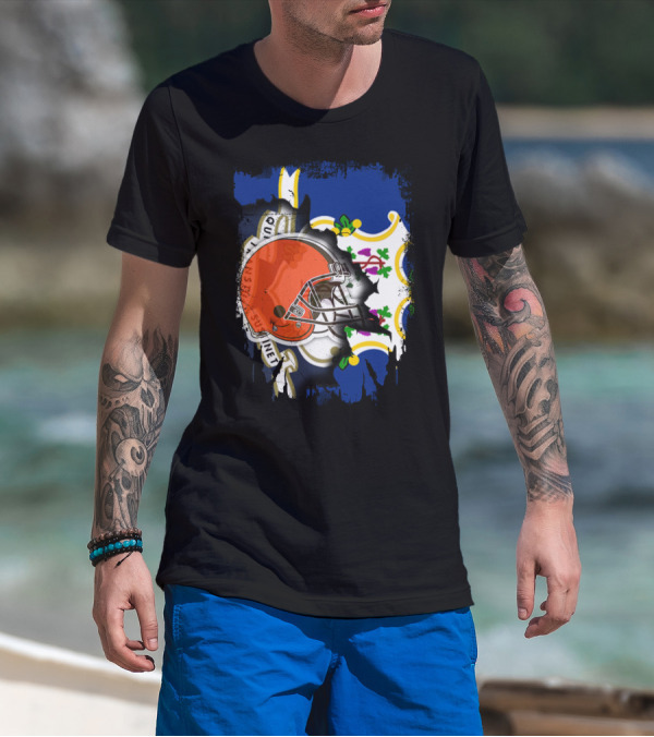 Cleveland Browns Helmet Over Connecticut State Flag T-Shirt