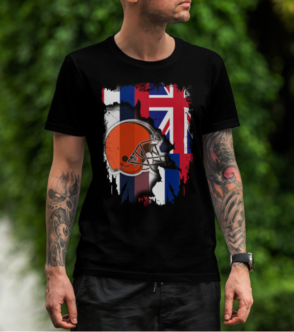 Hawaii Collaboration With Cleveland Browns Helmet And Flag T-Shirt