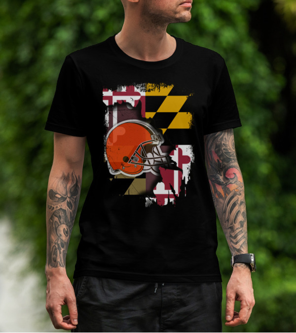 Maryland Flag With Cleveland Browns Helmet T-Shirt