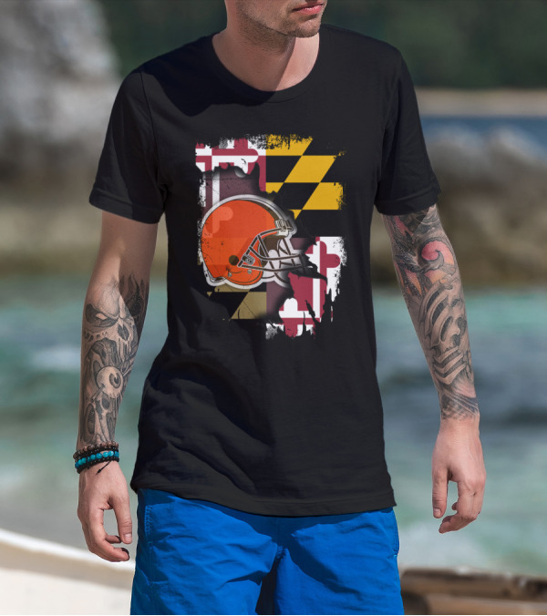 Maryland Flag With Cleveland Browns Helmet T-Shirt
