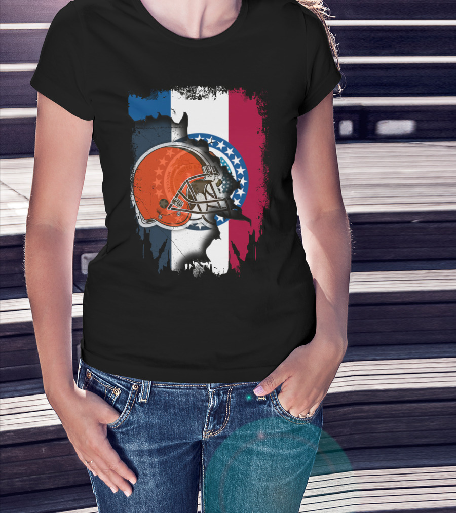 Cleveland Browns Helmet Over Missouri Flag Background T-Shirt