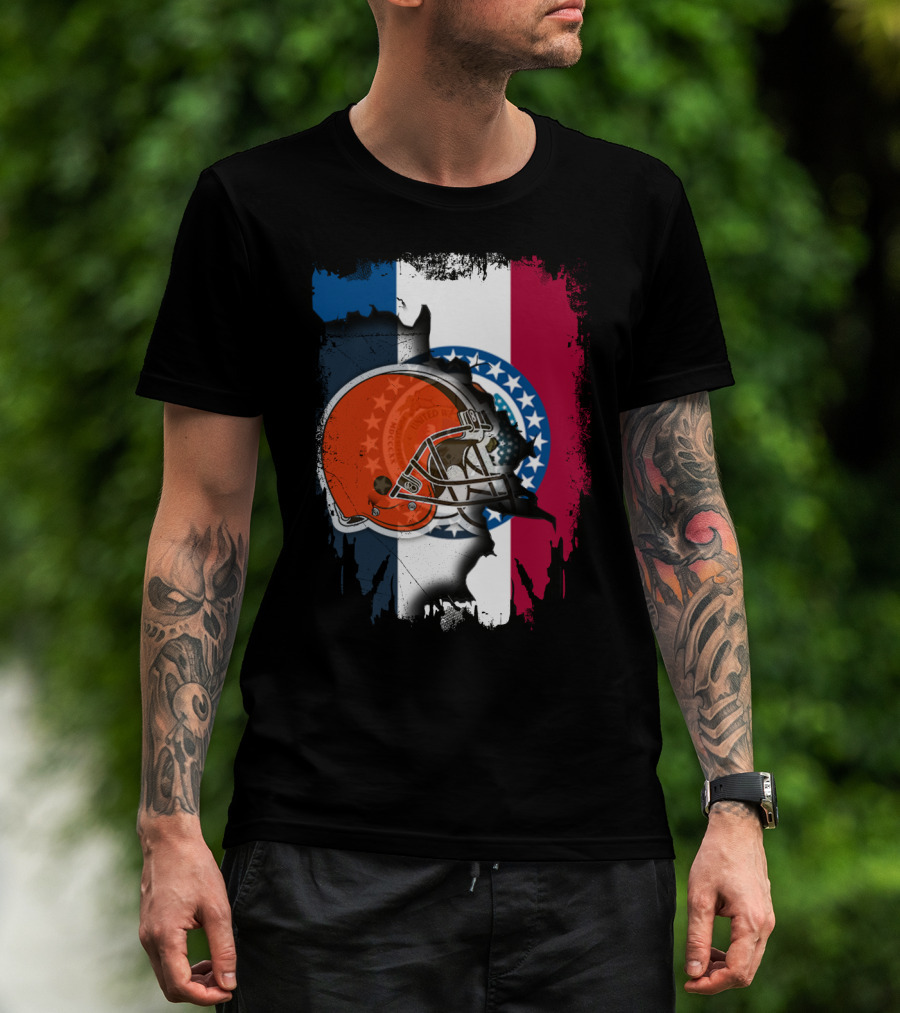 Cleveland Browns Helmet Over Missouri Flag Background T-Shirt