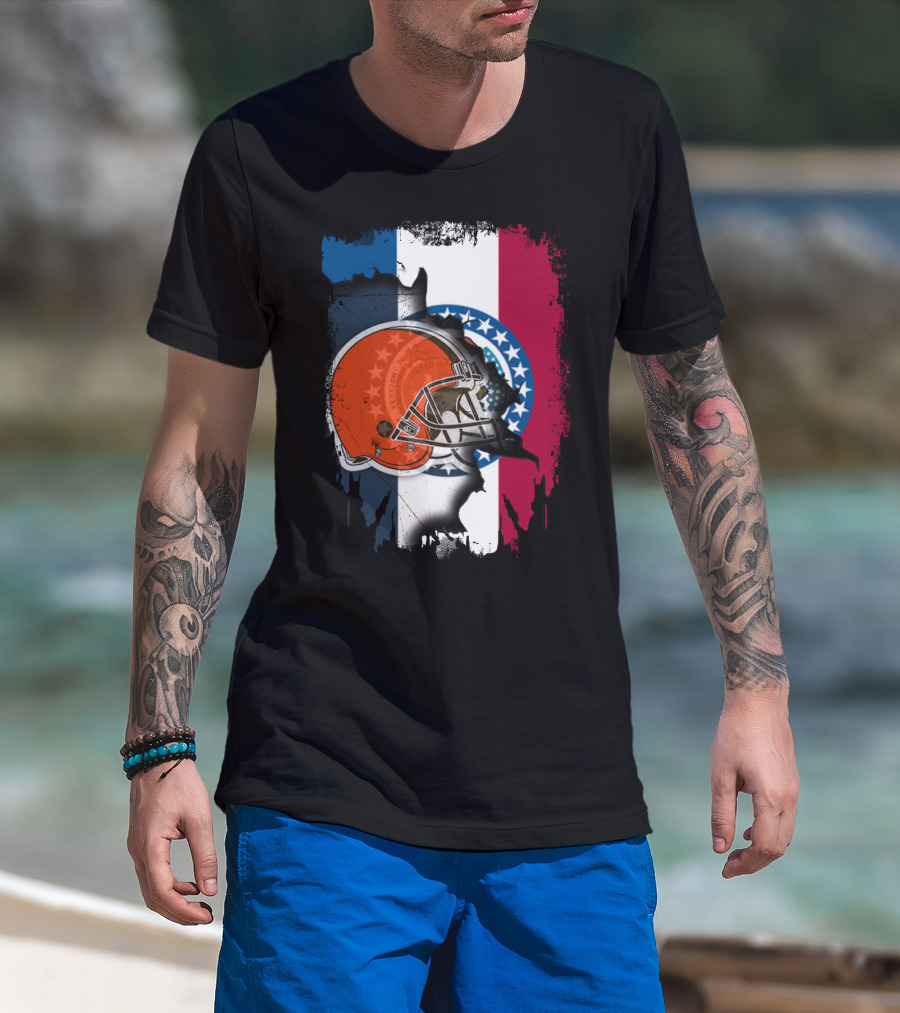 Cleveland Browns Helmet Over Missouri Flag Background T-Shirt