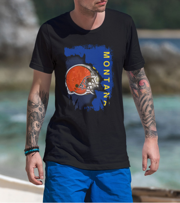 Montana Collaboration With Orange Football Helmet Browns Connection T-Shirt