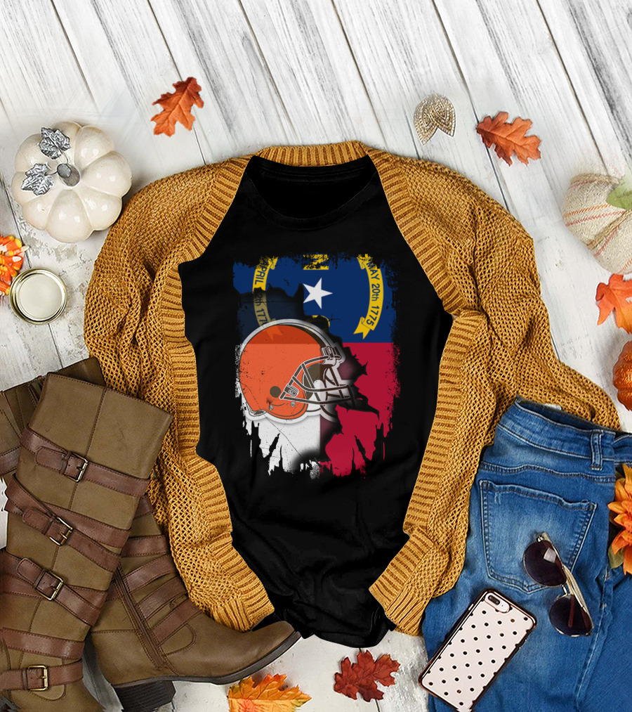 North Carolina State Flag Blended with Cleveland Browns Helmet T-Shirt