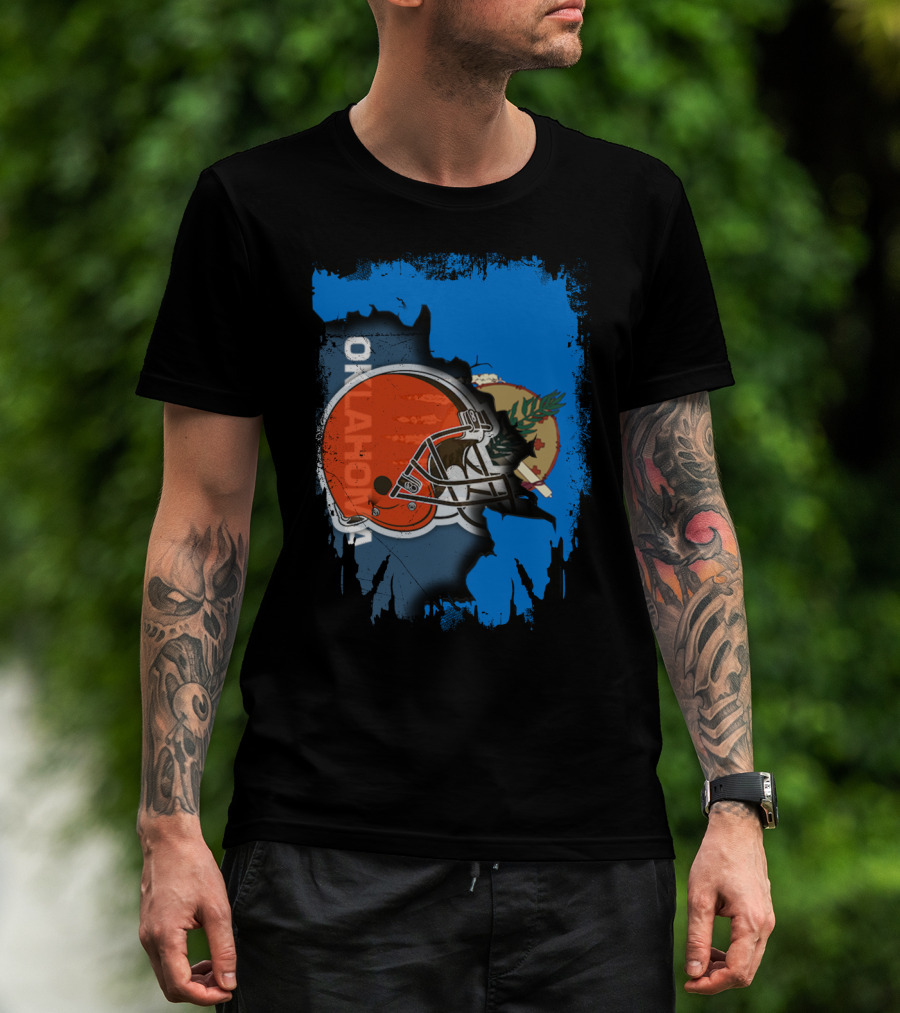 Oklahoma Browns Helmet Over State Flag T-Shirt