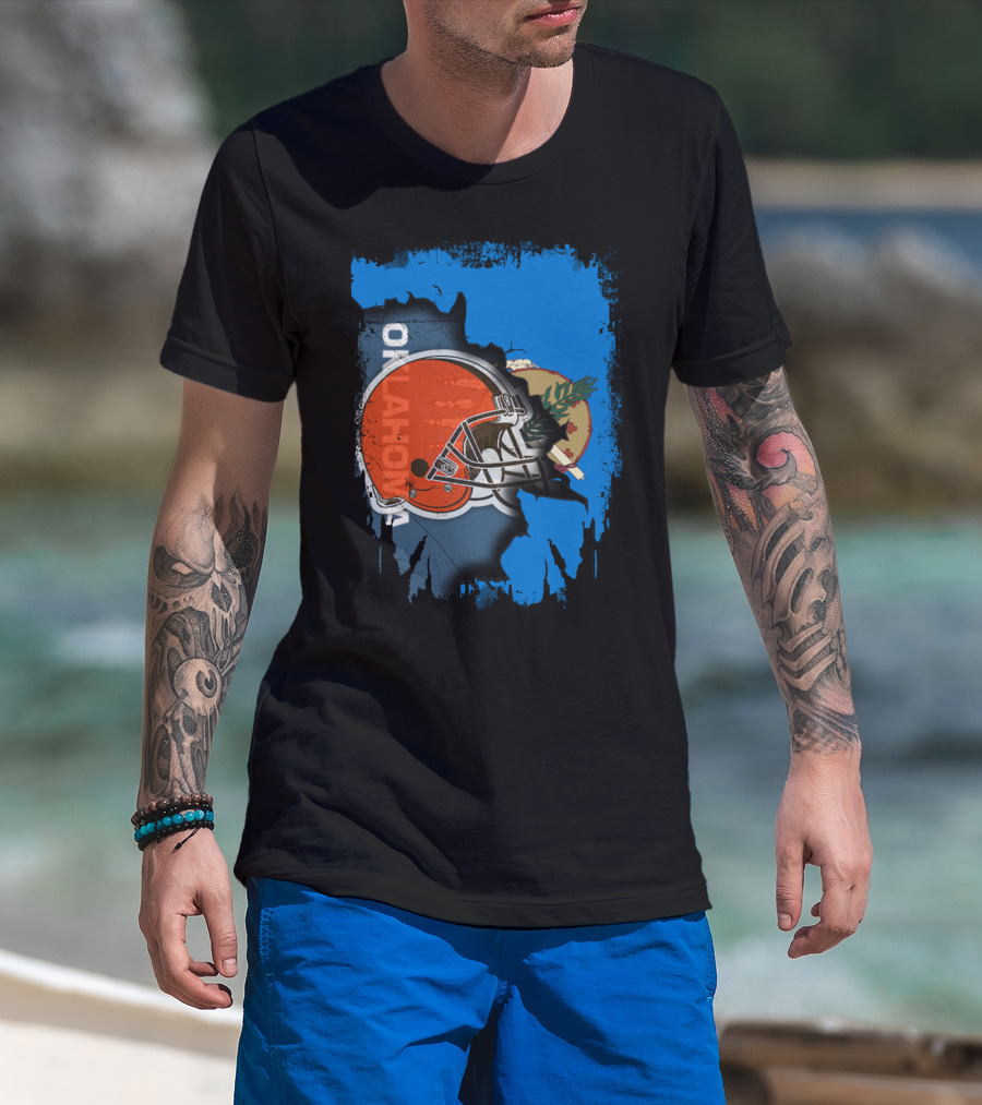 Oklahoma Browns Helmet Over State Flag T-Shirt