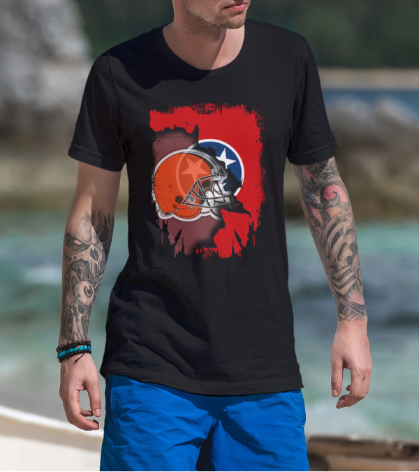 Together Tennessee With Browns Helmet And Tennessee Flag Background T-Shirt