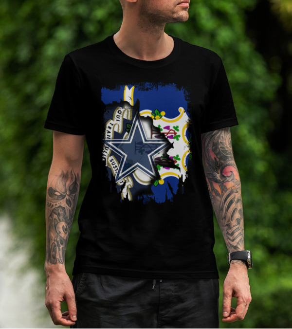 Connecticut Cowboys Logo Overlay With State Flag T-Shirt
