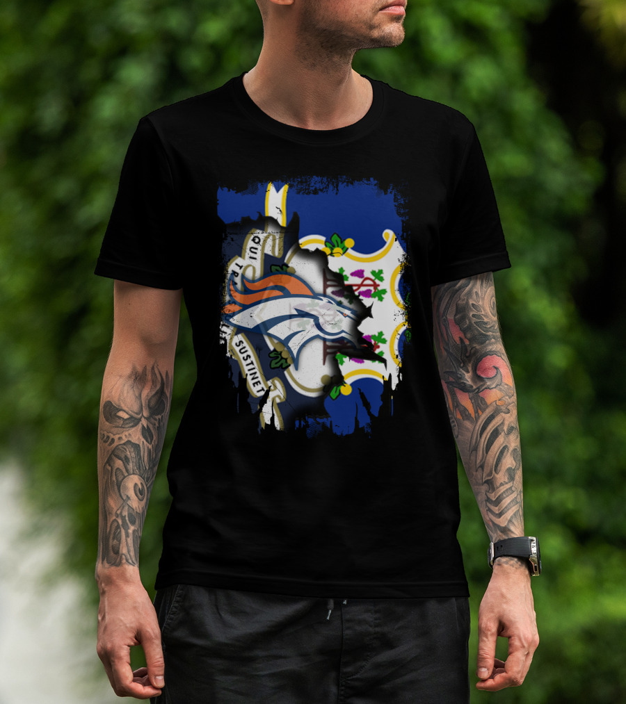 Connecticut And Broncos Logo Fusion With State Motto Motif T-Shirt