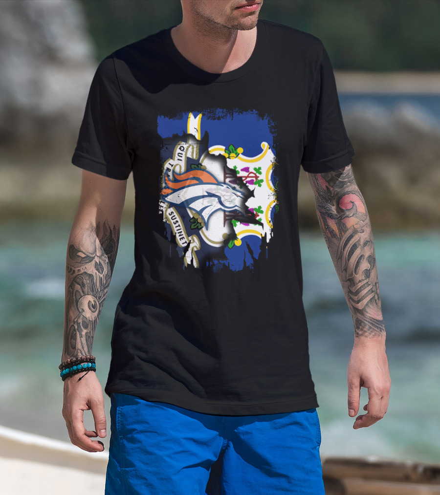 Connecticut And Broncos Logo Fusion With State Motto Motif T-Shirt
