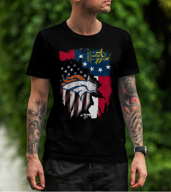 Georgia State With Denver Broncos Flag Fusion T-Shirt
