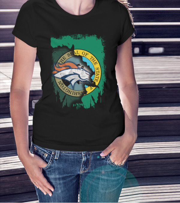 The Seal Of The State Of Washington With Broncos Logo Fusion T-Shirt