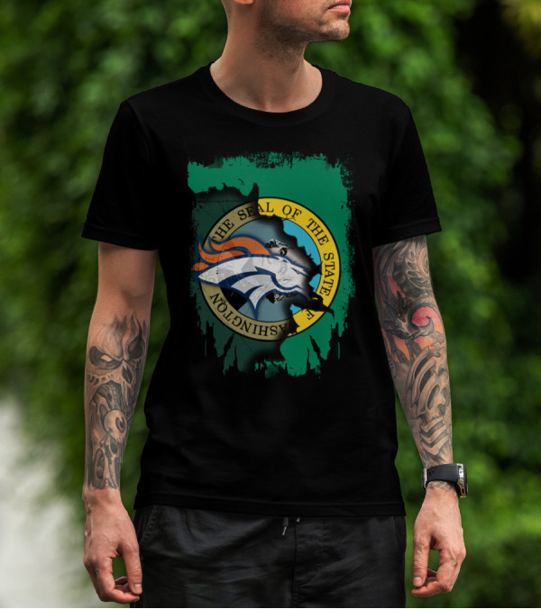 The Seal Of The State Of Washington With Broncos Logo Fusion T-Shirt