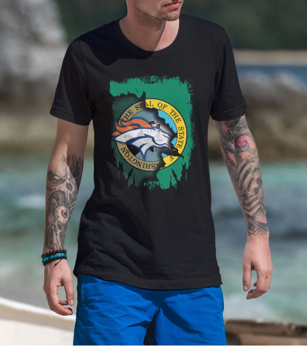 The Seal Of The State Of Washington With Broncos Logo Fusion T-Shirt