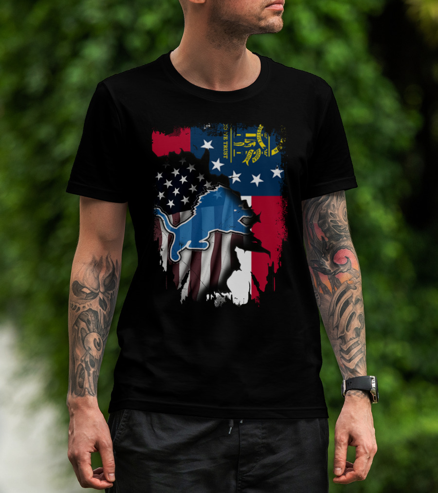Together Georgia Detroit Lions American Flag Overlay T-Shirt