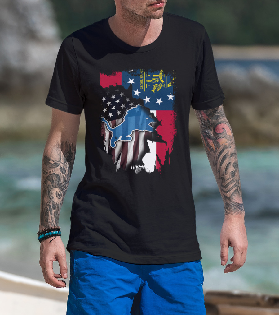 Together Georgia Detroit Lions American Flag Overlay T-Shirt