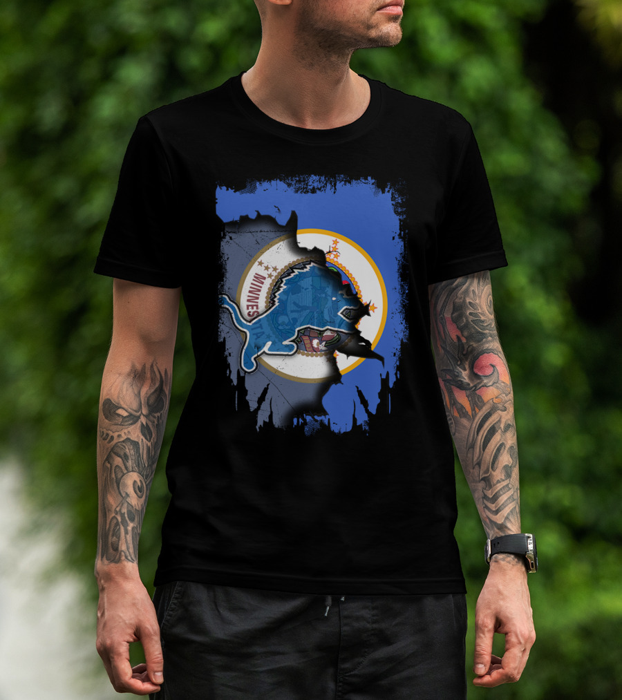 Minnesota State Flag With Detroit Lions Logo Together T-Shirt