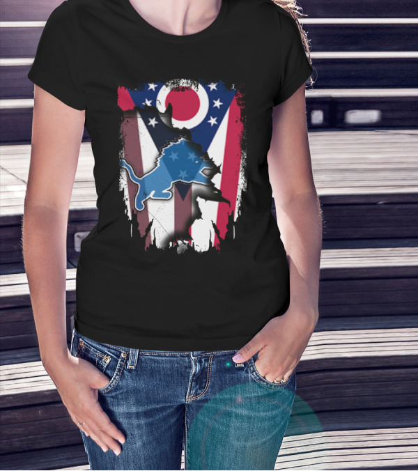 Ohio Flag With Detroit Lions Star-Spangled T-Shirt