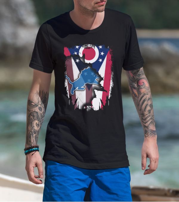 Ohio Flag With Detroit Lions Star-Spangled T-Shirt