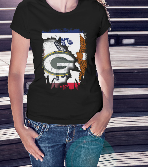 Iowa State Flag With Green Bay Packers Logo Eagle T-Shirt
