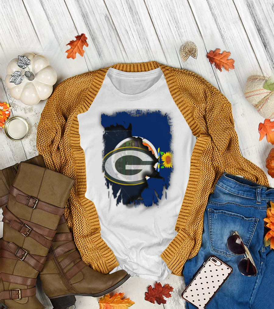 Kansas State Flag with Green Bay Packers Logo and Sunflower T-Shirt