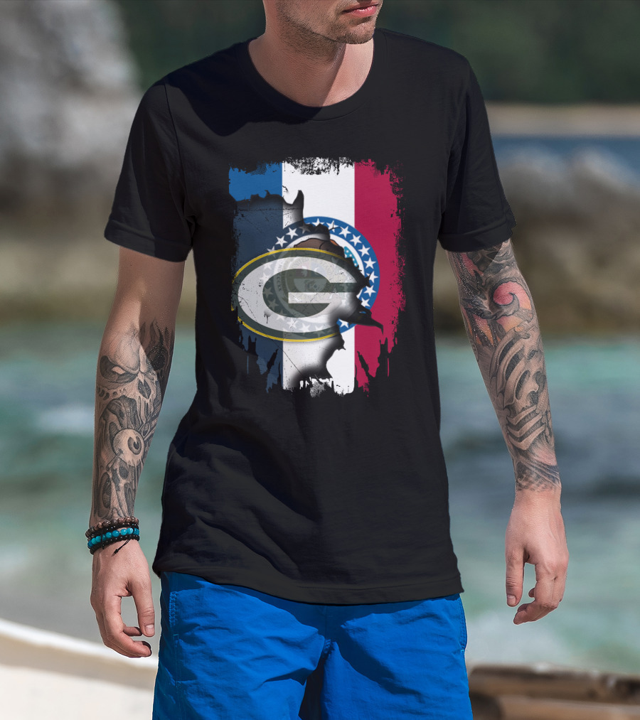 Missouri Flag With Green Bay Packers Logo Fusion T-Shirt