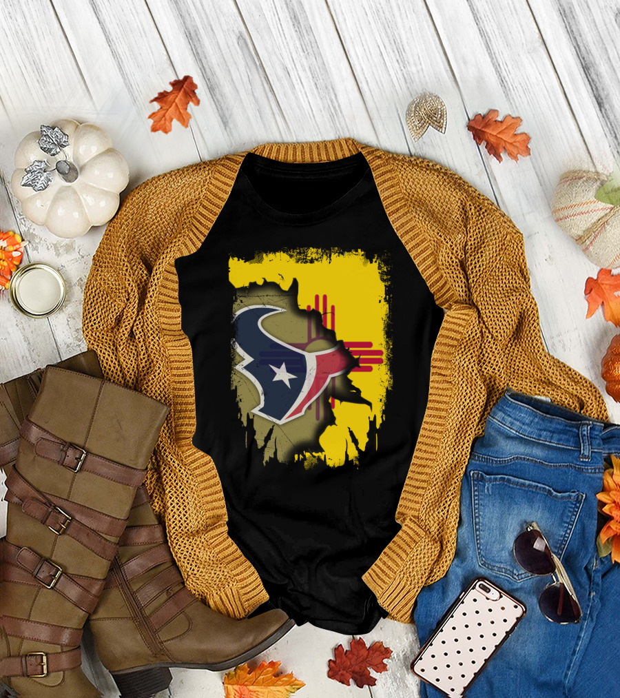 New Mexico and Texas Unite with Texans Football Logo on Zia T-Shirt