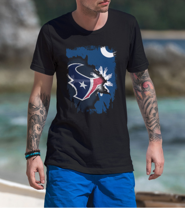 Together South Carolina With Texans Crescent And Palmetto Overlaid With Football T-Shirt