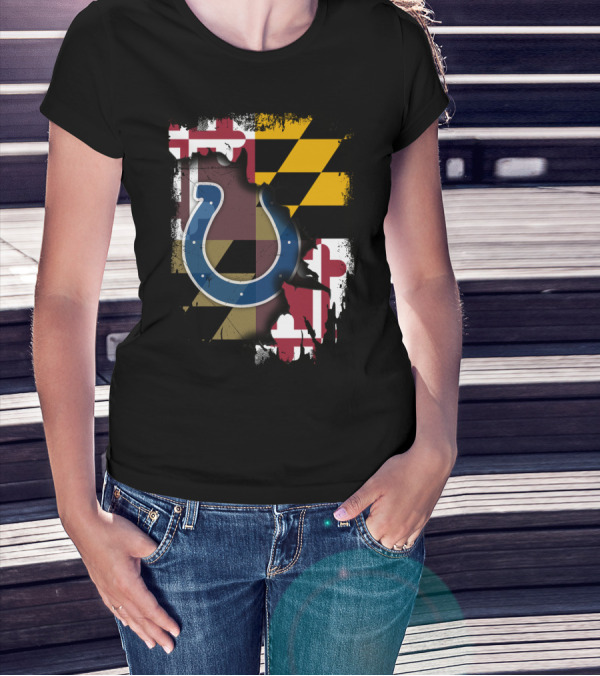 Maryland Flag With Colts Horseshoe NFL T-Shirt