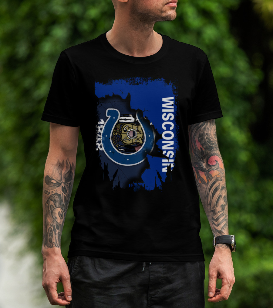 Wisconsin State Flag Colts Horseshoe Emblem T-Shirt