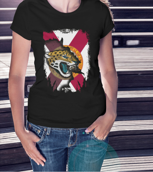 Florida State Flag With Jaguars Roaring Emblem Together T-Shirt