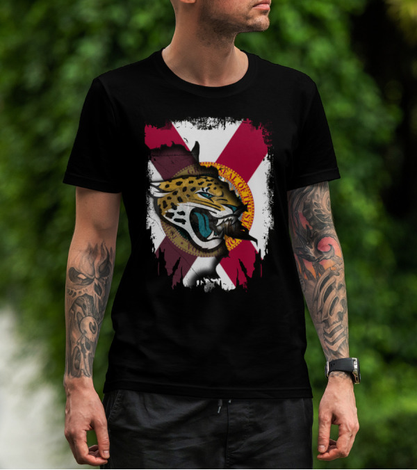 Florida State Flag With Jaguars Roaring Emblem Together T-Shirt