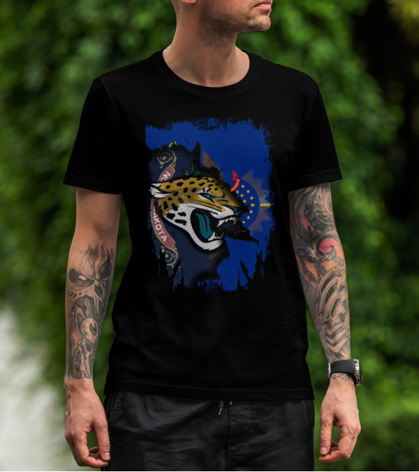North Dakota State Flag With Jaguars Emblem Fusion T-Shirt
