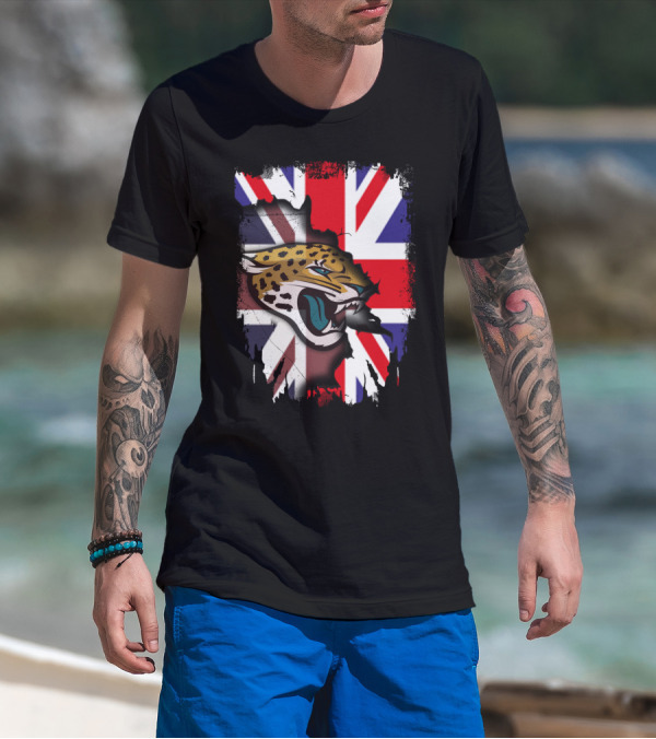 United Kingdom Union Jack Flag With Fierce Jaguar Face T-Shirt