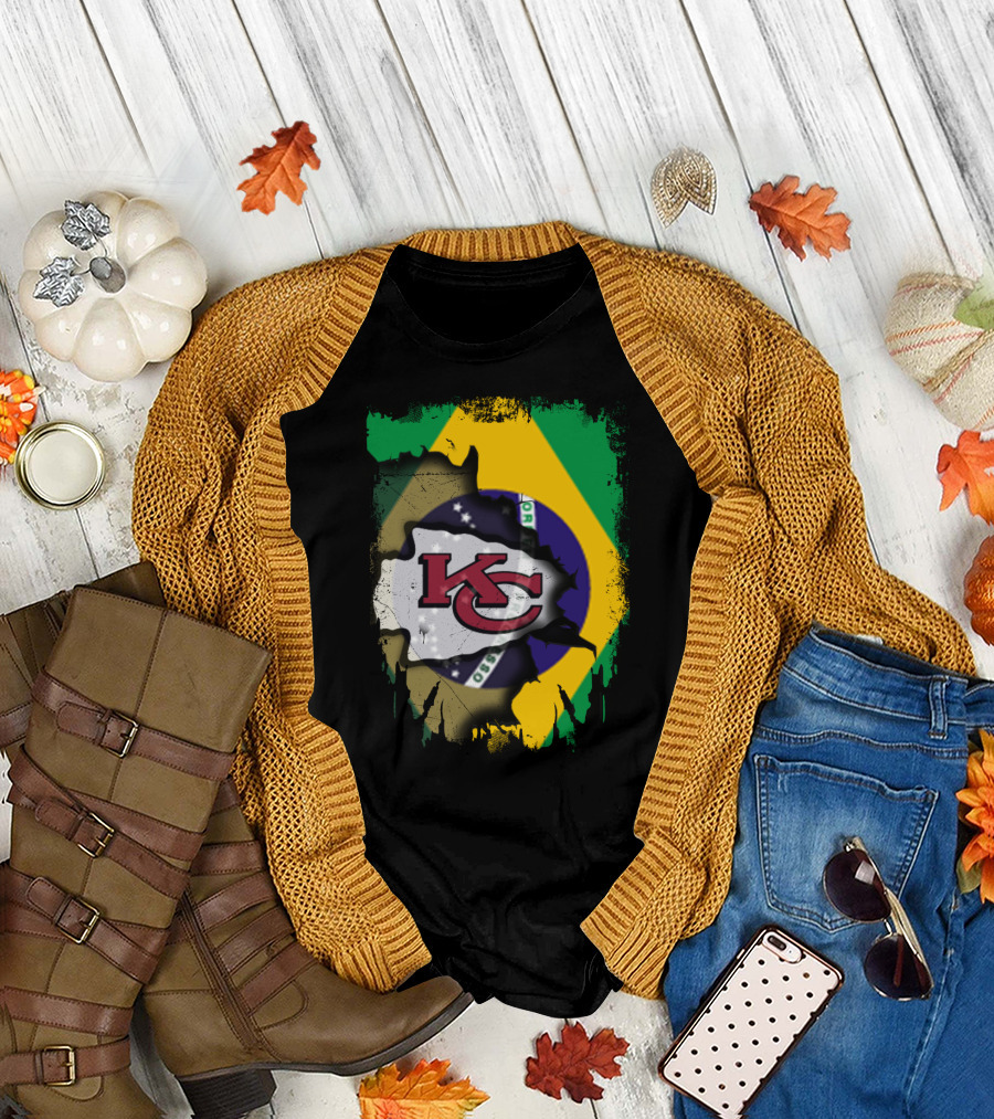 Brazilian Flag with Kansas City Chiefs Logo Fusion T-Shirt