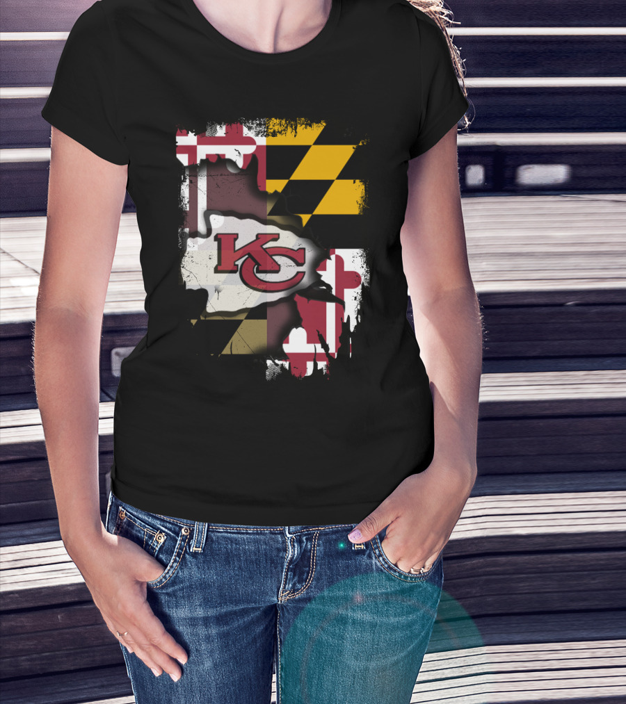 Maryland Flag With KC Chiefs Logo Background T-Shirt