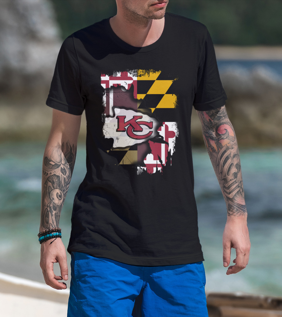 Maryland Flag With KC Chiefs Logo Background T-Shirt