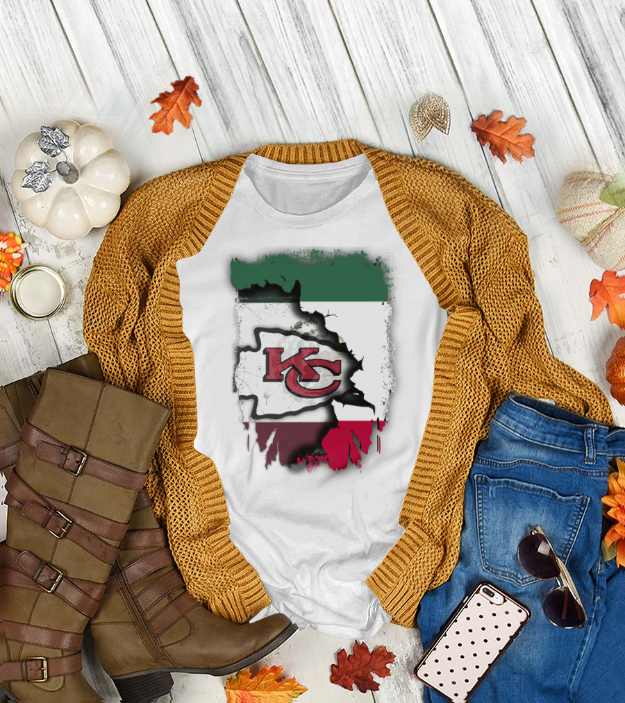KC Chiefs Logo with Torn Mexico Flag T-Shirt