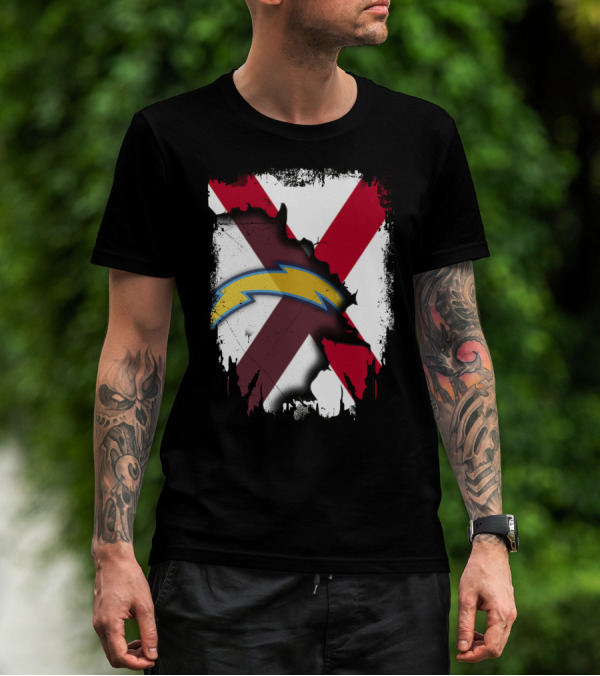 Together Alabama With Chargers Bolt Over Cross Flag T-Shirt