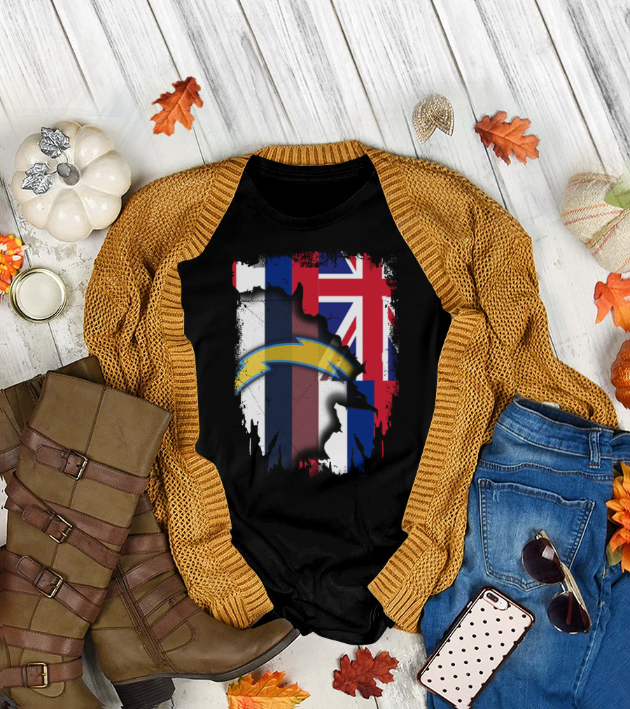 Hawaii Support with Chargers Logo and Hawaiian Flag Background T-Shirt