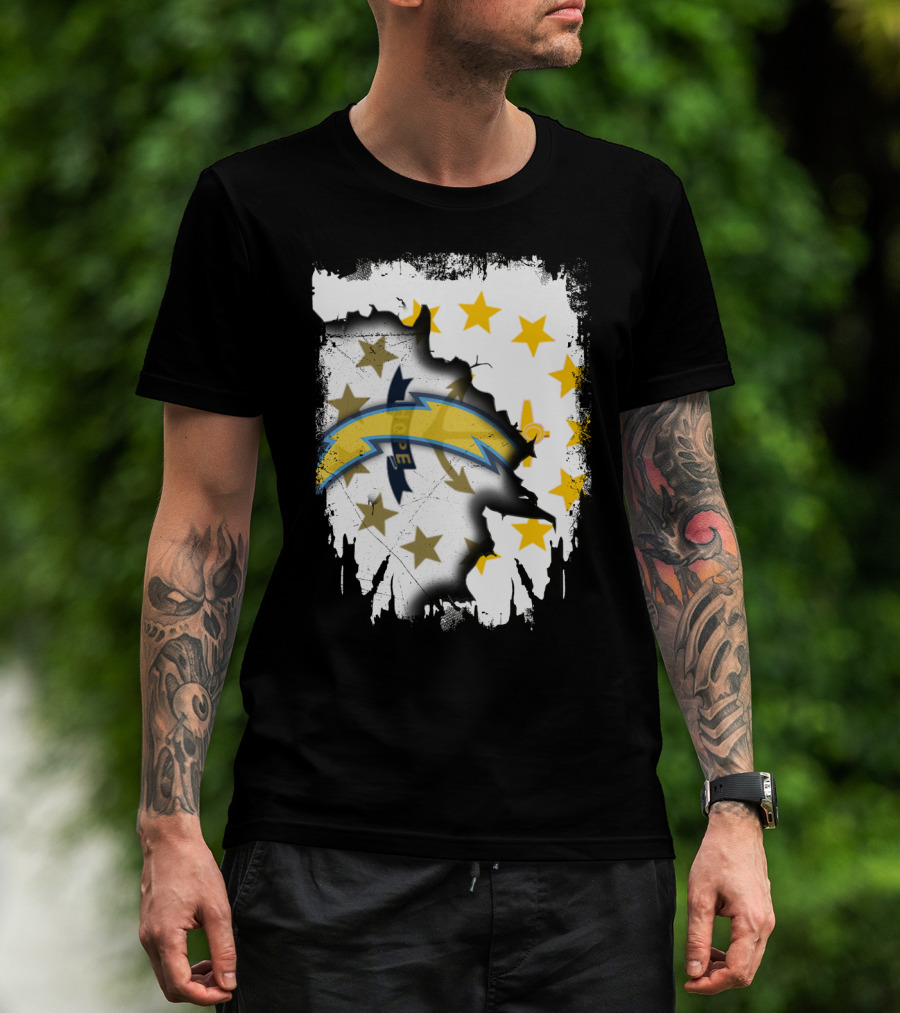 Rhode Island Map With Chargers Logo And Stars T-Shirt