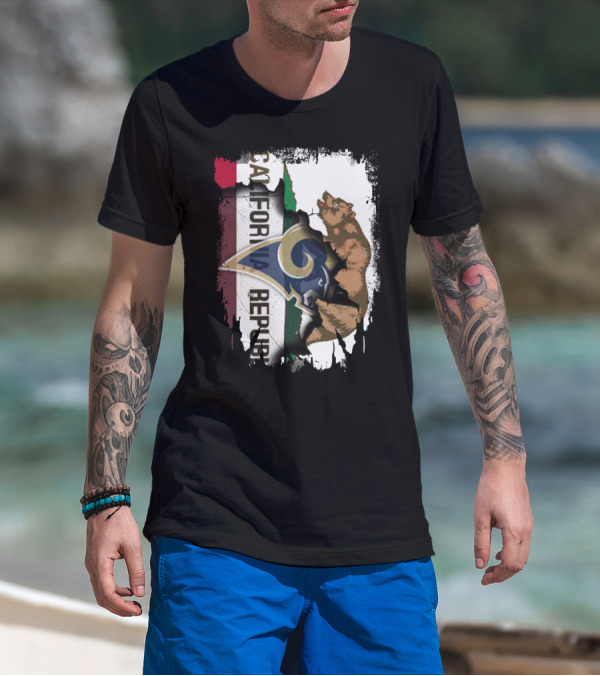 California Republic With Rams Logo Featuring Bear And State Flag T-Shirt