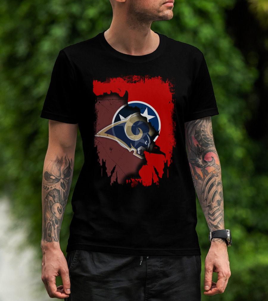 Together Tennessee With Rams NFL Tennessee State Flag Football Fusion T-Shirt