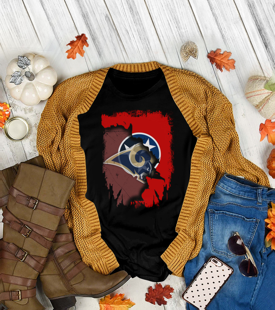 Together Tennessee With Rams NFL Tennessee State Flag Football Fusion T-Shirt