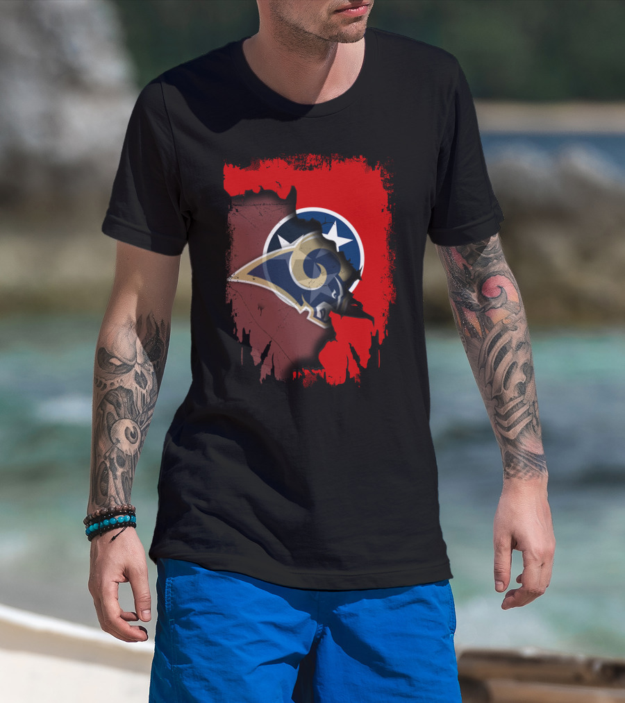 Together Tennessee With Rams NFL Tennessee State Flag Football Fusion T-Shirt